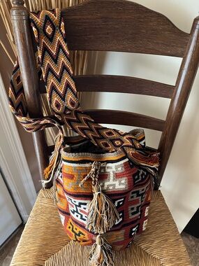 Boho Geometric Wayuu Bucket Bag - Earth Tones - Handcrafted Artisan Purse